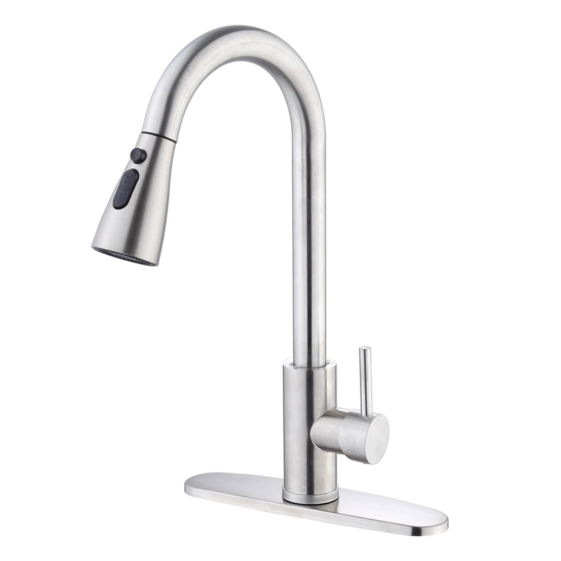 Grifo de cocina con rociador extraíble, níquel cepillado, grifo de fregadero de acero inoxidable de arco alto, monomando a prueba de fugas para casa rural, caravana, lavandería o bar, de 1 o 3 orificios, de grado comercial.