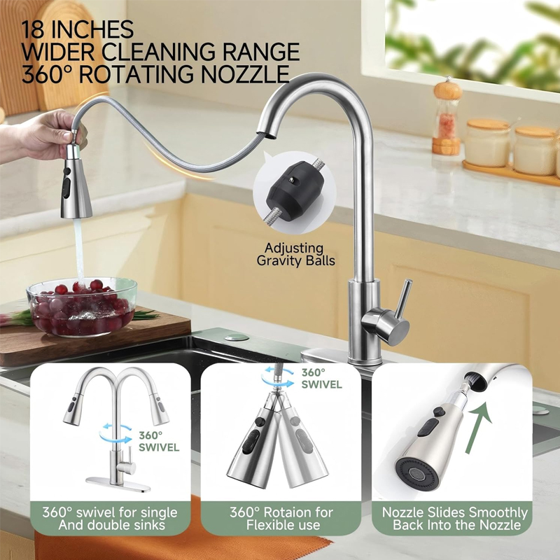 Grifo de cocina con rociador extraíble, níquel cepillado, grifo de fregadero de acero inoxidable de arco alto, monomando a prueba de fugas para casa rural, caravana, lavandería o bar, de 1 o 3 orificios, de grado comercial. - Image 3