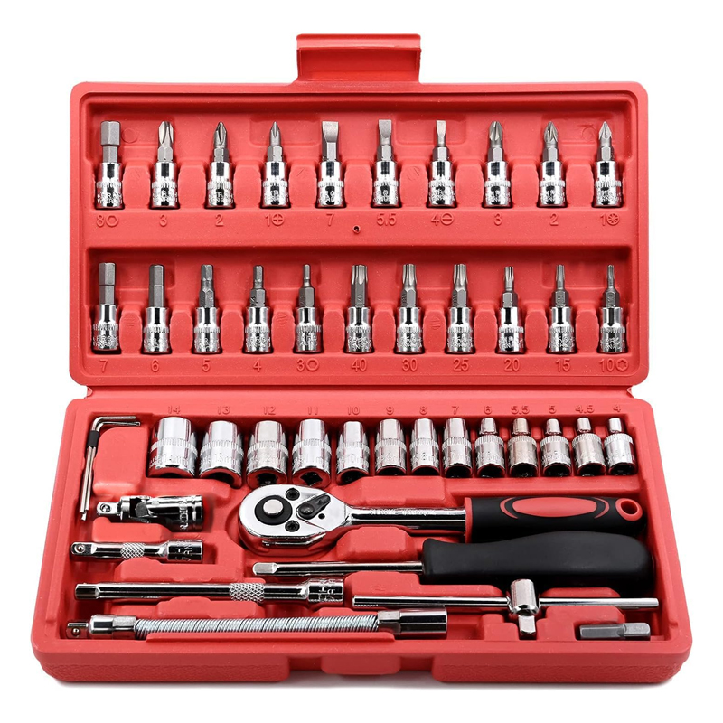 Juego de 46 llaves de trinquete de 1/4 de pulgada, con juego de puntas métricas y barra de extensión para reparación de automóviles y uso doméstico, con estuche de almacenamiento.