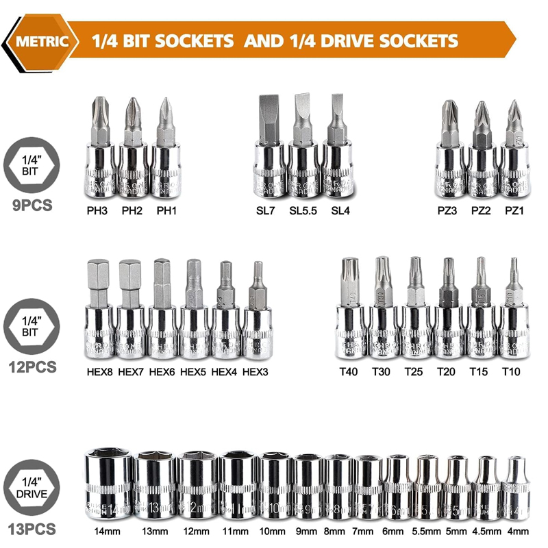 Juego de 46 llaves de trinquete de 1/4 de pulgada, con juego de puntas métricas y barra de extensión para reparación de automóviles y uso doméstico, con estuche de almacenamiento. - Image 2
