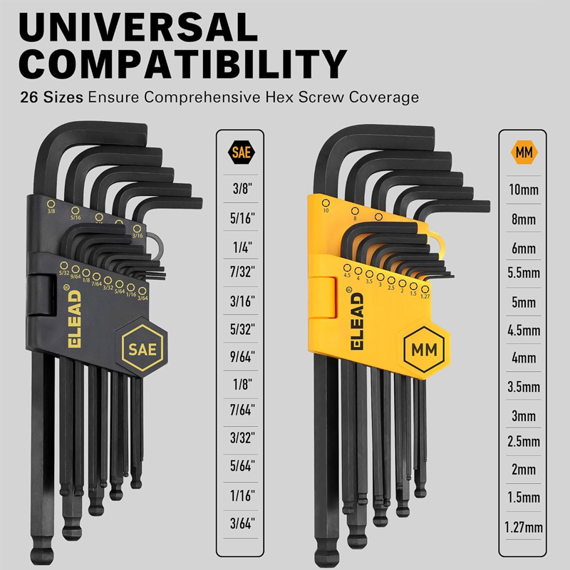 Juego de llaves hexagonales Allen: Juego de llaves hexagonales premium de 27 piezas duraderas con mango de agarre, brazo largo y corto con extremo esférico, juego de llaves Allen de tamaño métrico y SAE, almacenamiento organizado - Image 3