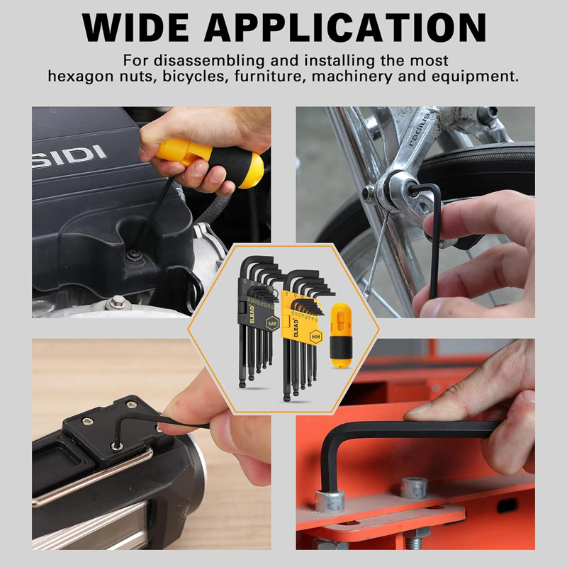 Juego de llaves hexagonales Allen: Juego de llaves hexagonales premium de 27 piezas duraderas con mango de agarre, brazo largo y corto con extremo esférico, juego de llaves Allen de tamaño métrico y SAE, almacenamiento organizado - Image 2