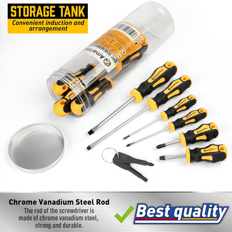 Juego de 10 destornilladores magnéticos, 5 puntas Phillips y 5 puntas ranuradas, juego de destornilladores profesionales con agarre acolchado. - Image 3