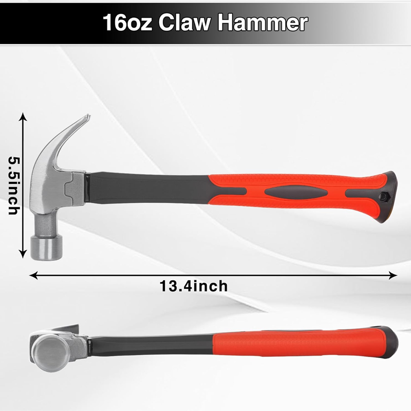 Martillo de garra de 16 oz con mango de fibra de vidrio, forjado en estampa, multiusos, cara lisa, agarre amortiguador. - Image 3