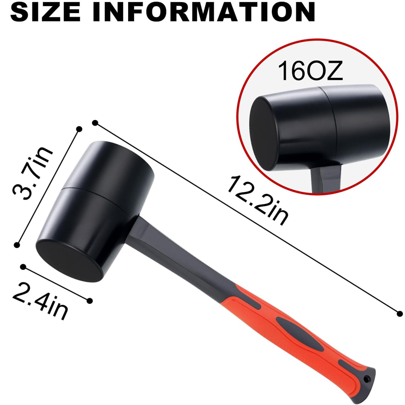 Mazo de goma de 16 oz, cabeza de martillo de goma duradera con mango de fibra de vidrio, ideal para pisos, estacas de carpas, viajes de campamento, carpintería, proyectos de bricolaje, decoración del hogar y tareas de soplado suave sin daños - Image 3