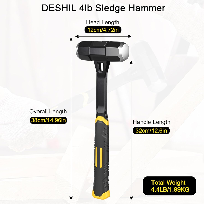 Martillo de 4 lb - Martillo perforador de alta resistencia con cabeza de acero forjado de una sola pieza y mango de fibra de vidrio, perfecto para demolición, construcción y herrería - Image 3