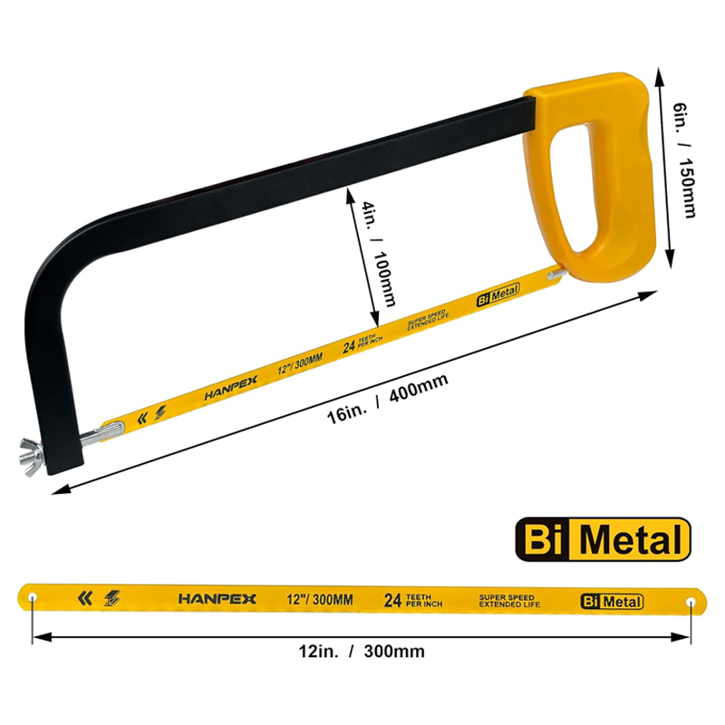 Sierra de mano de alta tensión de 12 pulgadas con hoja bimetálica de 24 dientes por pulgada, ideal para metal, madera, PVC y carpintería. - Image 2