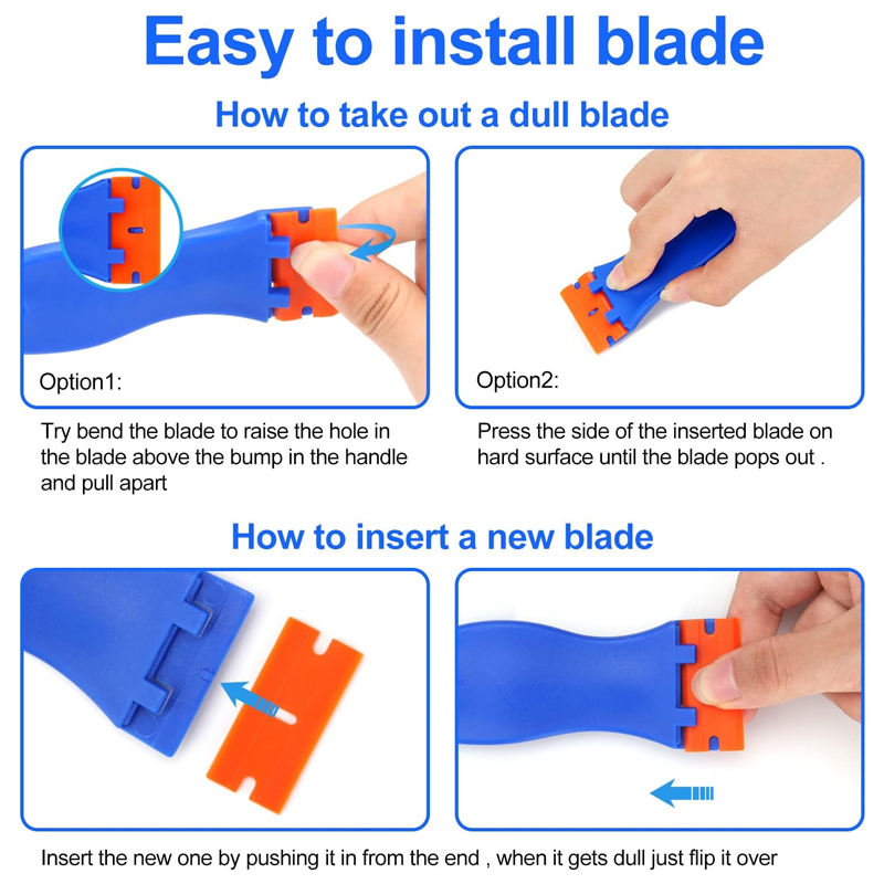 4 raspadores de plástico con cuchillas de afeitar y 100 cuchillas, herramienta para quitar calcomanías, sin rayones, removedor de adhesivos para calcomanías, juntas y pinturas en ventanas de autos. - Image 2