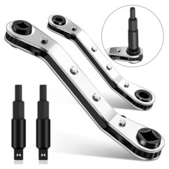 Juego de 2 llaves de servicio para HVAC (3/16" a 3/8" y 5/16" x 1/4"), con 2 adaptadores de punta hexagonal para reparación de equipos de aire acondicionado y refrigeración.