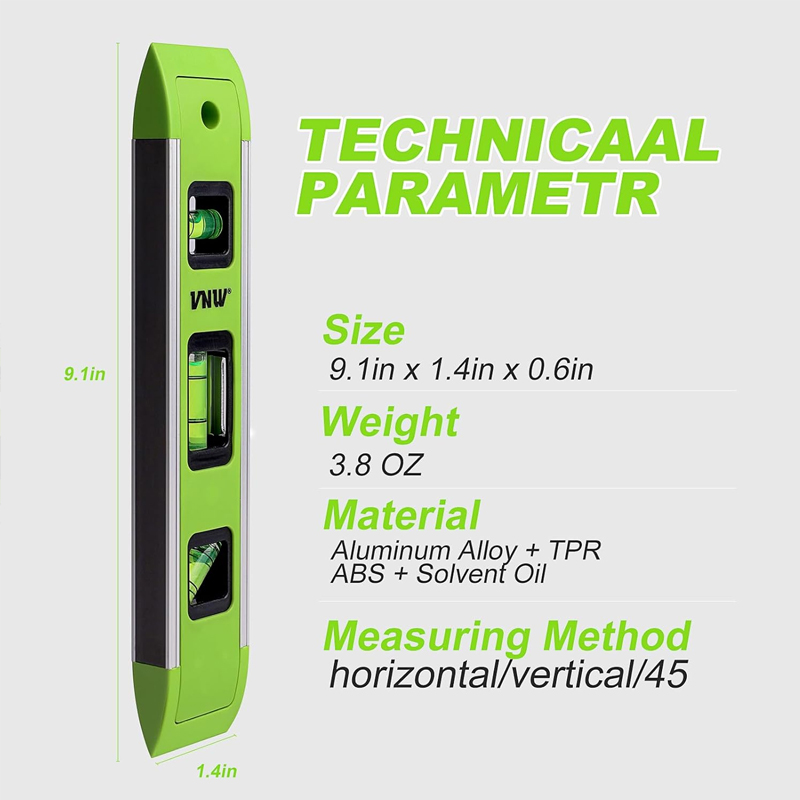Nivel torpedo de 9 pulgadas, nivel de burbuja magnético con burbujas de 45°/90°/180°, herramienta niveladora resistente a golpes para medición (2) - Image 2