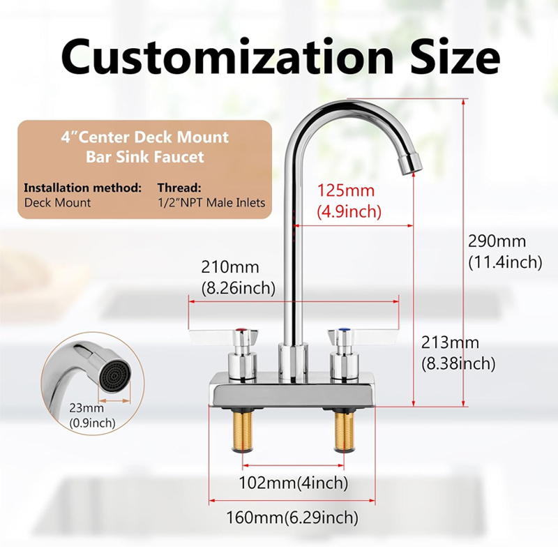 Grifo para fregadero de barra de 4 pulgadas, montaje en cubierta central, grifo de fregadero de preparación de 2 orificios, manijas dobles, uso comercial, lavandería, cocina, cromo pulido - Image 3