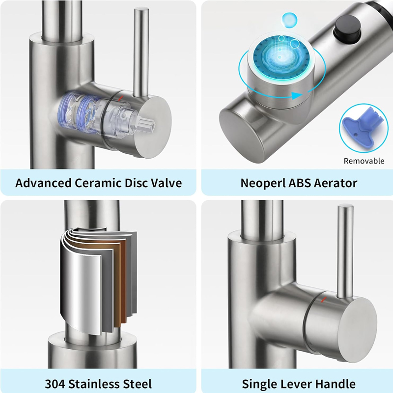Grifos de cocina con rociador extraíble, grifos para lavabo de baño, grifo de preparación para minibar, grifo monomando de 3 orificios para cocina, grifo de uso general estilo granja, para lavandería al aire libre, níquel cepillado - Image 3