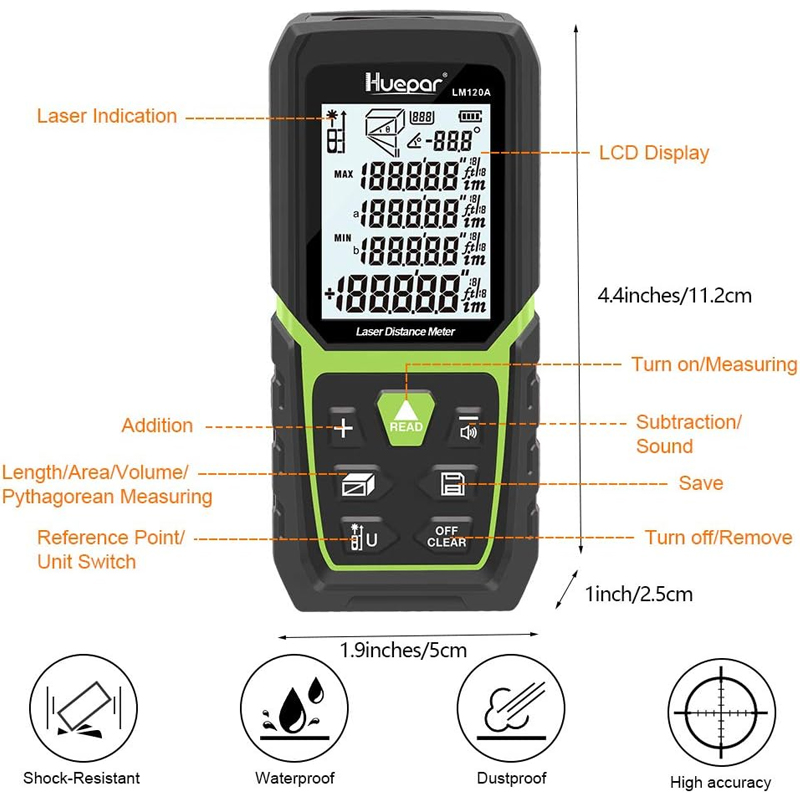 Medidor de distancia láser Huepar de 110 m con batería de iones de litio y sensor de ángulo eléctrico, pantalla LCD retroiluminada, medidor láser en pulgadas y pies con alta precisión, modos de medición múltiple: pitagórico, distancia, área y volumen. - Image 3
