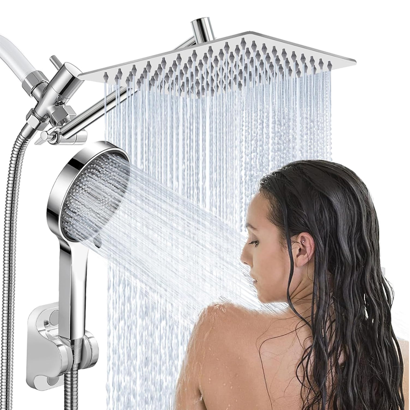 Cabezal de ducha de lluvia de 8" con rociador de mano, brazo de extensión ajustable en ángulo de 11", regulador de flujo y sistema de ducha, cabezal de ducha de lluvia de alta presión para baño, cromado.