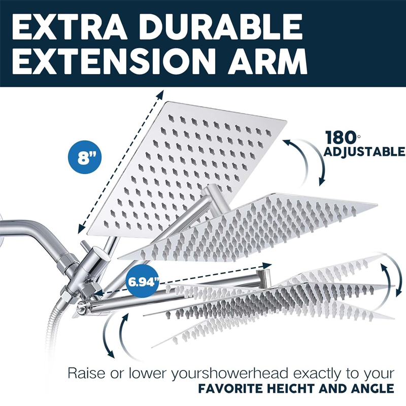 Cabezal de ducha de lluvia de 8" con rociador de mano, brazo de extensión ajustable en ángulo de 11", regulador de flujo y sistema de ducha, cabezal de ducha de lluvia de alta presión para baño, cromado. - Image 2