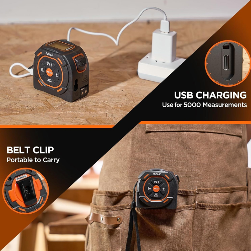 Cinta métrica láser de 59 m y 4,8 m. Compatible con modo pitagórico, área, volumen y unidades de distancia (pies/pies + pulg./pulg./metros) para carpinteros. - Image 3